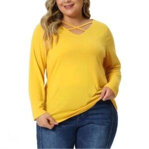 Agnes Orinda Plus Size Crisscross V Neck Casual Yellow Long Sleeves Top, Size 1X